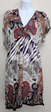 She's Cool Purple Black White Crisscross Bodice Mini Dress Large Batwing Sleeves